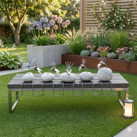 Steinvogel Kantenhocker aus Granit und Edelstahl Naturstein Deko