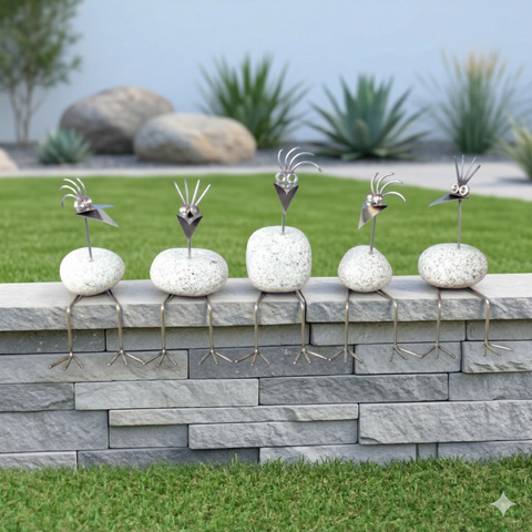 Kantenhocker Steinvogel Granit und Edelstahl langer Hals Naturstein Deko