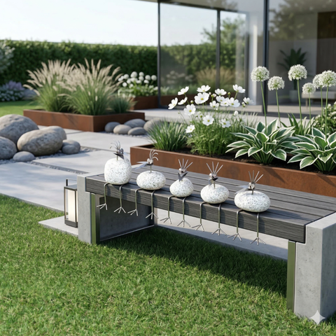 Steinvogel Kantenhocker aus Granit und Edelstahl Naturstein Deko