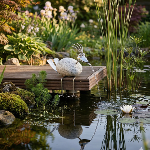 Steinvogel Wasserspeier aus Granit und Edelstahl Springbrunnen Wasserspiel
