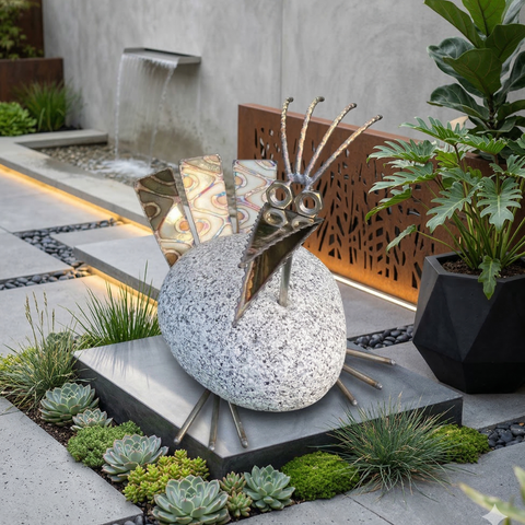 Steinvogel mit auffälligen Blechschwanz aus Granit und Edelstahl Naturstein