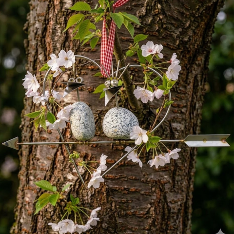 Steinvogel Pärchen Hängend aus Granit und Edelstahl Naturstein Deko