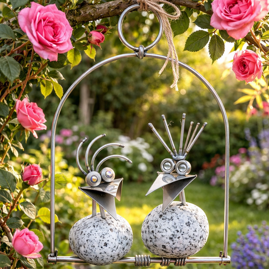 Steinvogel Pärchen Hängend aus Granit und Edelstahl  Naturstein Deko