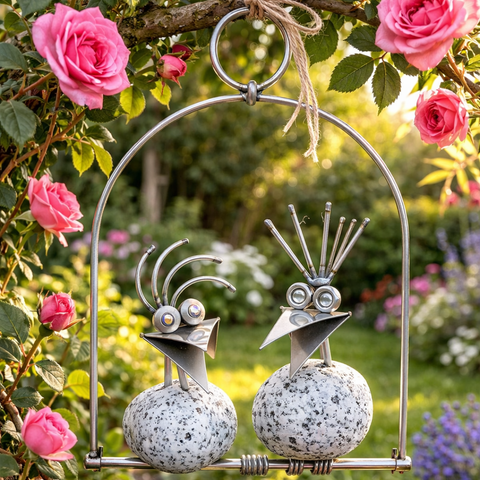 Steinvogel Pärchen Hängend aus Granit und Edelstahl  Naturstein Deko
