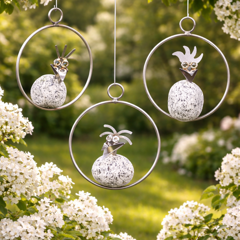 Steinvogel im Ring ⌀ 12 cm aus Granit und Edelstahl Naturstein Deko