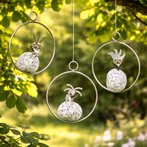 Steinvogel im Ring ⌀ 12 cm aus Granit und Edelstahl Naturstein Deko