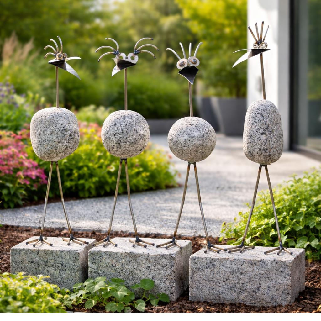 Steinvogel aus Granit und Edelstahl ca. 30 cm 4 Kopfformen zur Wahl