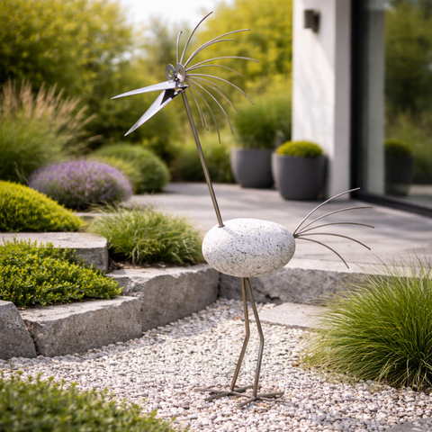 Steinvogel XXL aus Granit und Edelstahl ca. 140 cm Naturstein Gartendeko