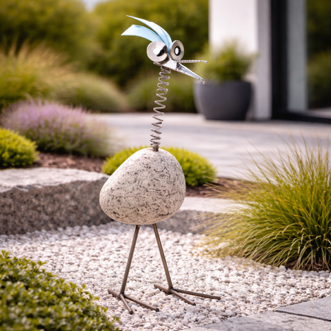 Steinvogel mit Wackelhals Granit und Edelstahl ca. 45 cm Naturstein Deko