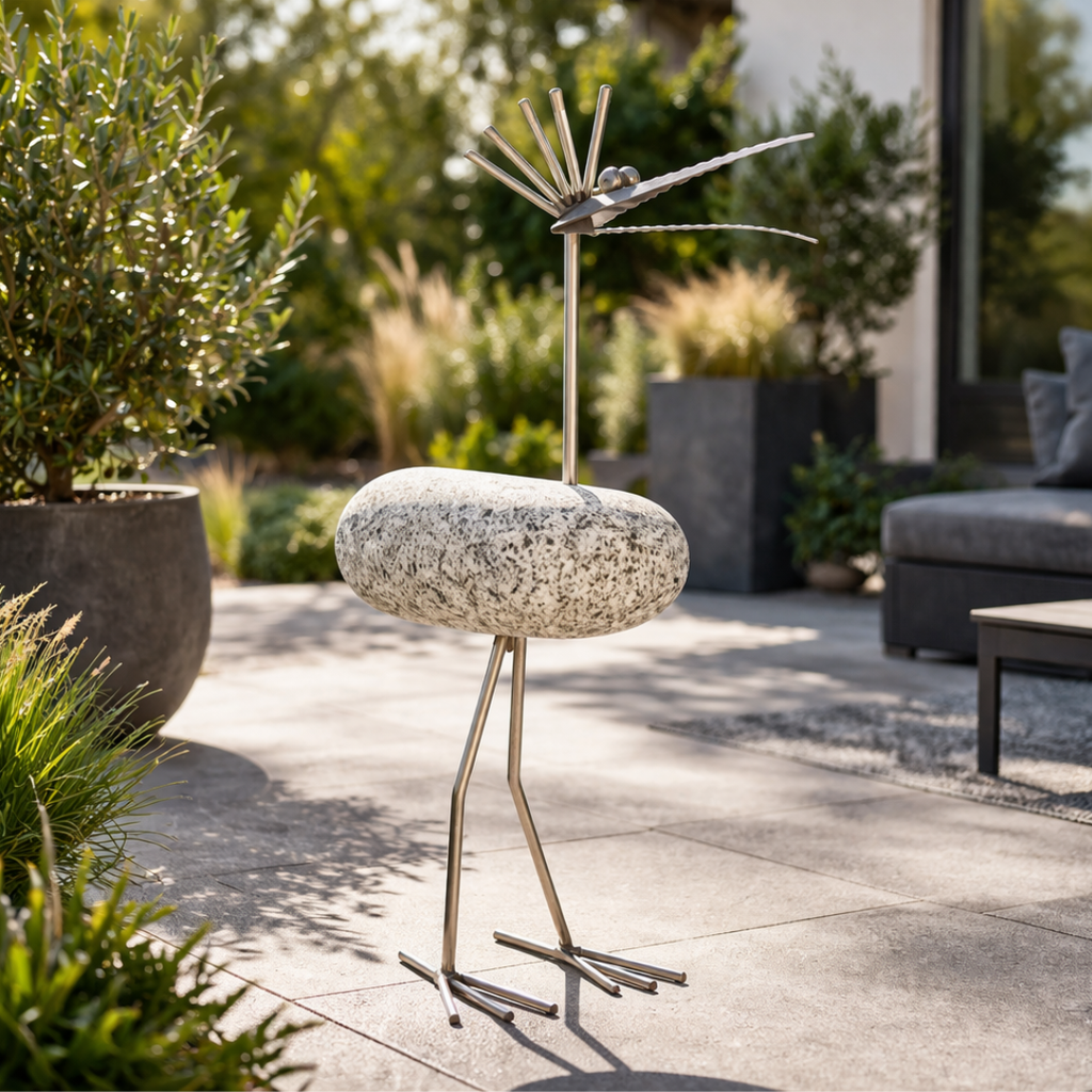 Steinvogel aus Granit und Edelstahl ca. 45 cm – Natursteindeko