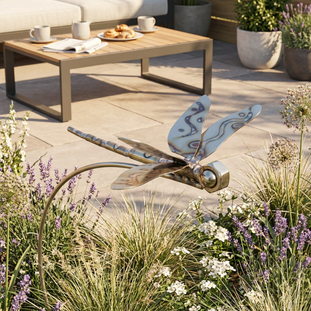 Gartenstecker Libelle Edelstahl – schwingend & wetterfest, 150 cm