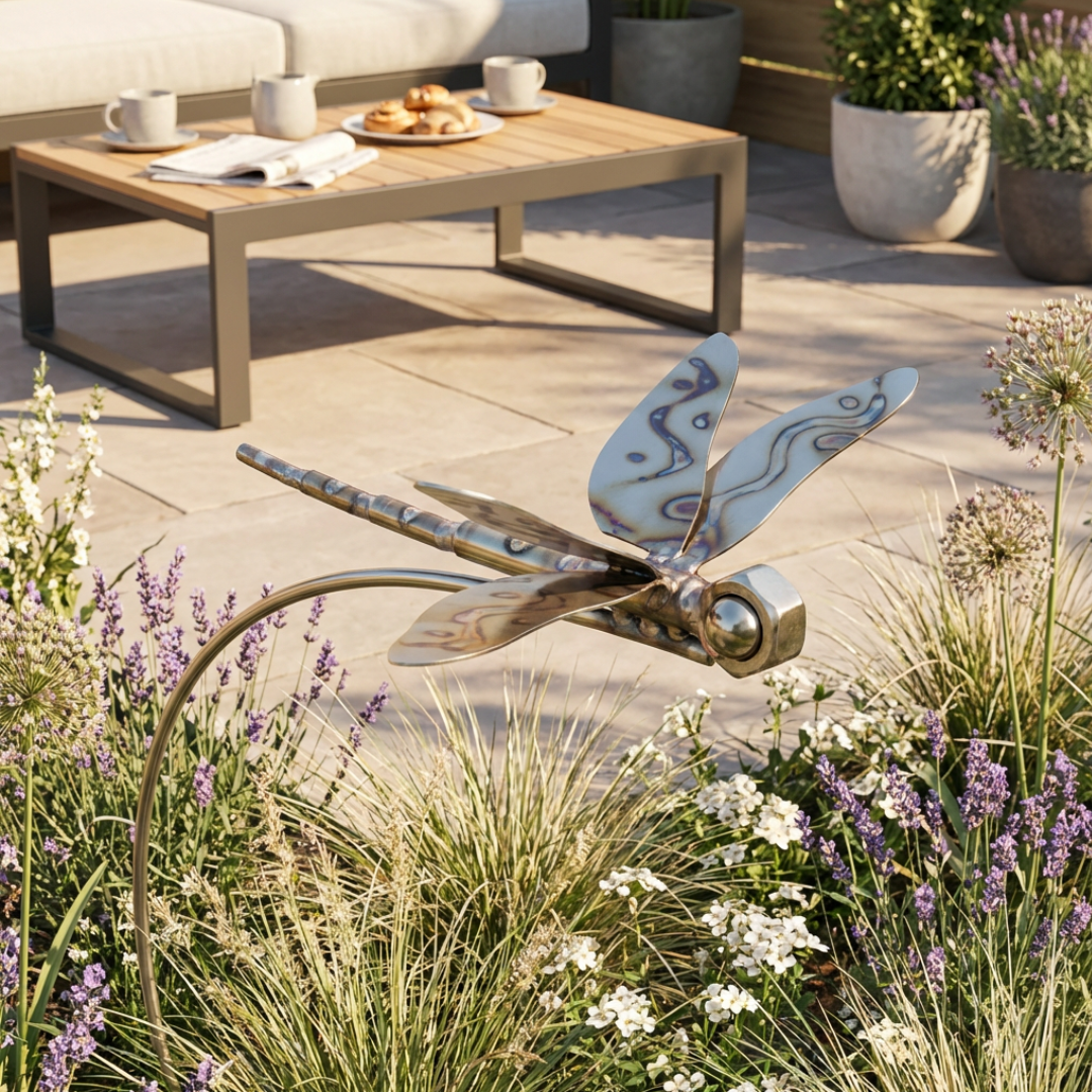 Gartenstecker Libelle Edelstahl – schwingend & wetterfest, 150 cm