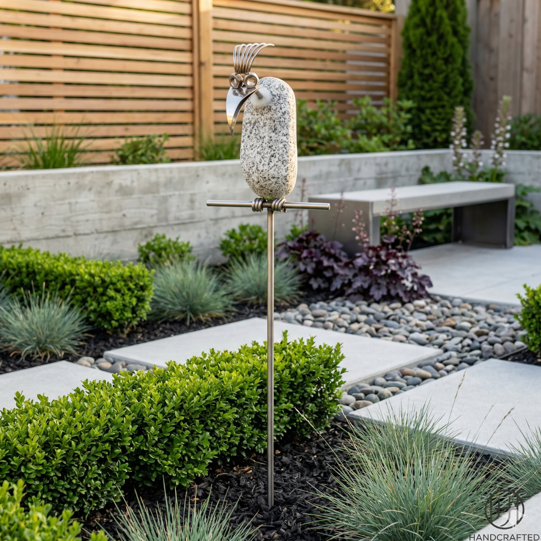 Gartenstecker Steinvogel Geier aus Granit und Edelstahl 110 cm wetterfest