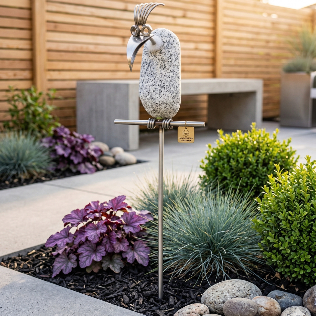 Gartenstecker Steinvogel Geier aus Granit und Edelstahl 110 cm wetterfest