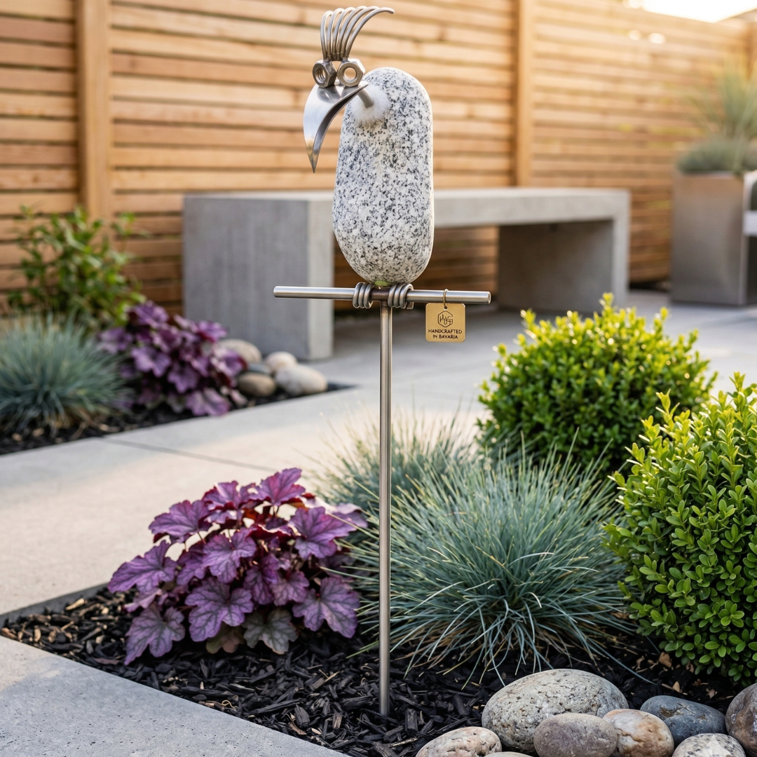 Gartenstecker Steinvogel Geier aus Granit und Edelstahl 110 cm wetterfest