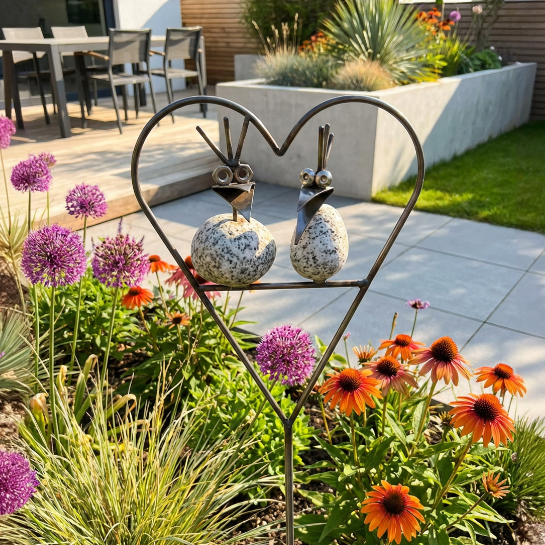 Gartenstecker Steinvogel Pärchen Herz Granit und Edelstahl  90 cm