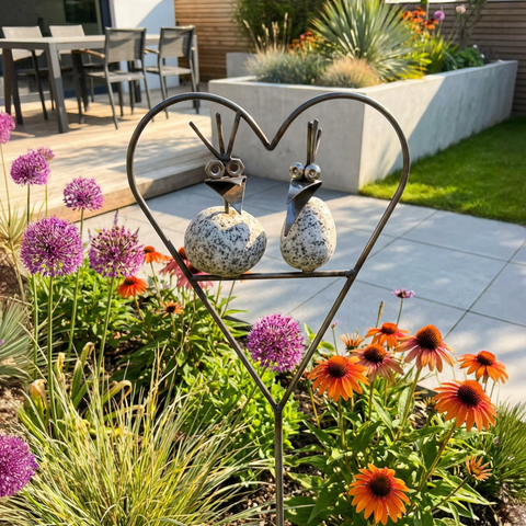 Gartenstecker Steinvogel Pärchen Herz Granit und Edelstahl  90 cm
