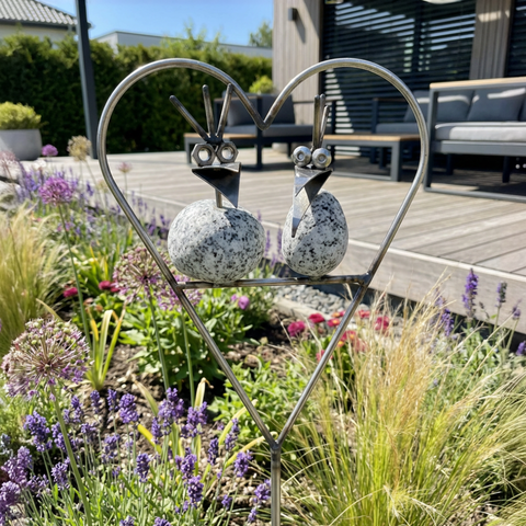 Gartenstecker Steinvogel Pärchen Herz Granit und Edelstahl  90 cm