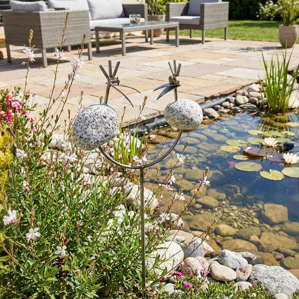 Gartenstecker Steinvogel Pärchen aus Granit und Edelstahl 85 cm wetterfest