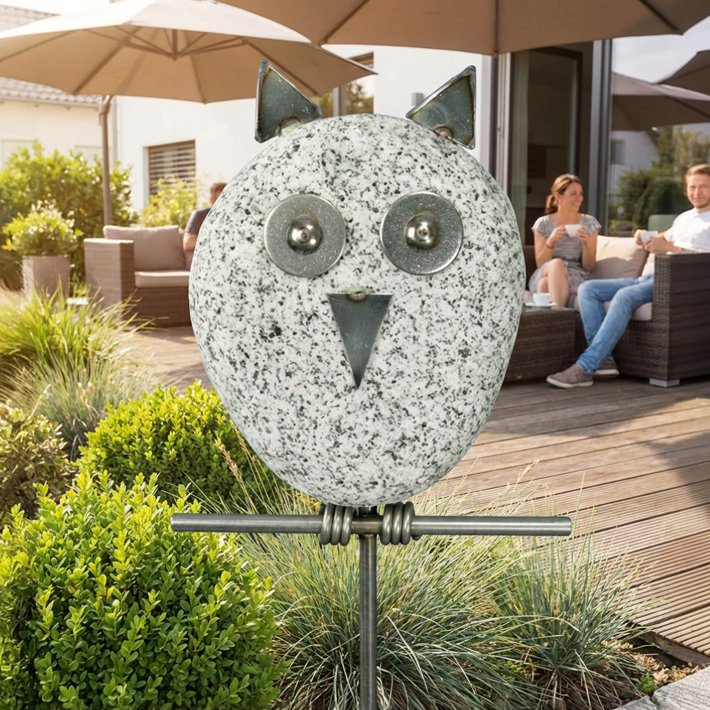Gartenstecker Eule aus Granit und Edelstahl 120 cm wetterfest