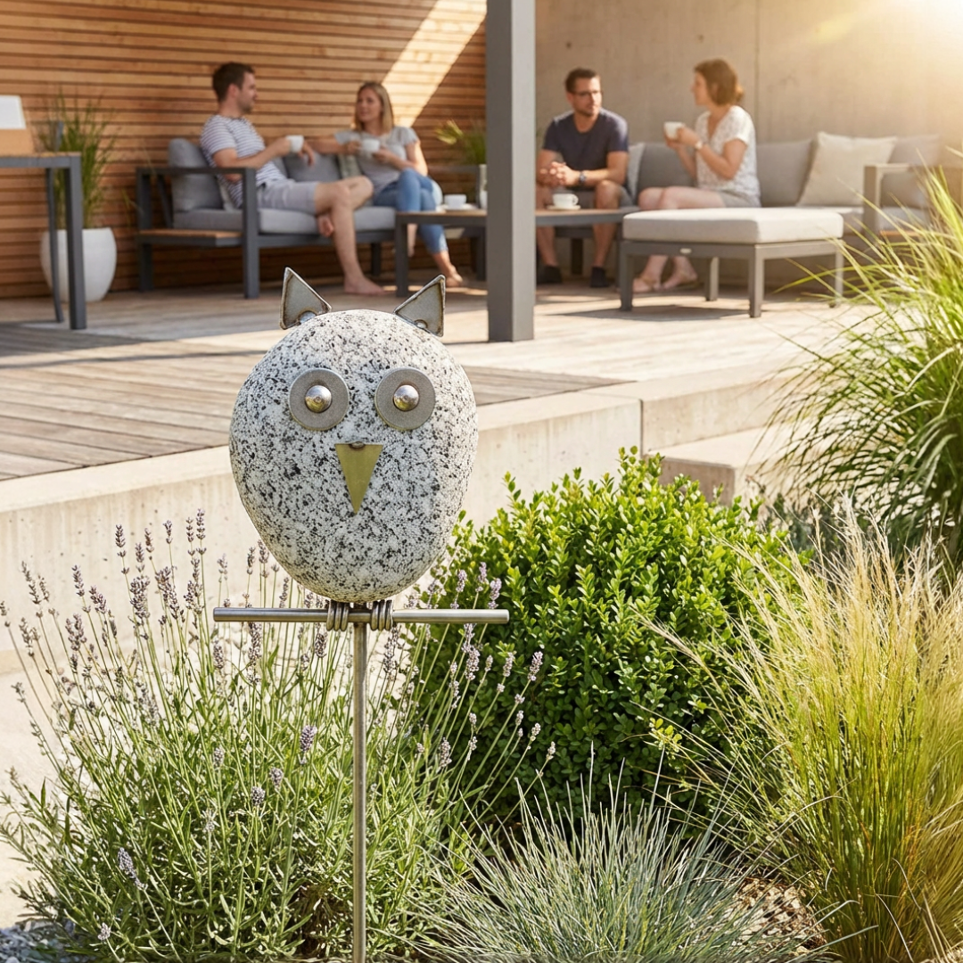 Gartenstecker Eule aus Granit und Edelstahl 120 cm wetterfest