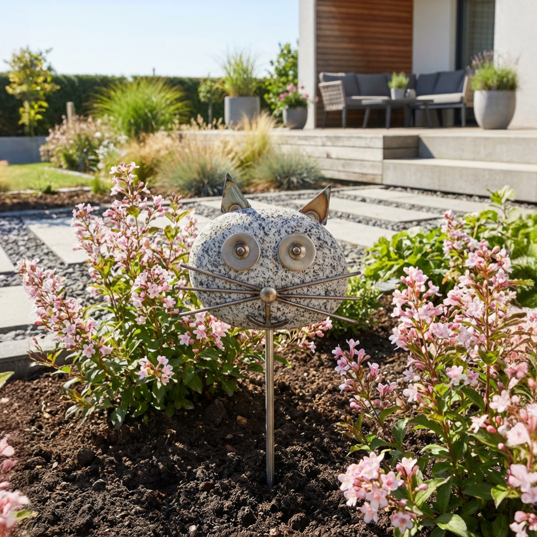 Gartenstecker Katze aus Granit und Edelstahl 120 cm wetterfest