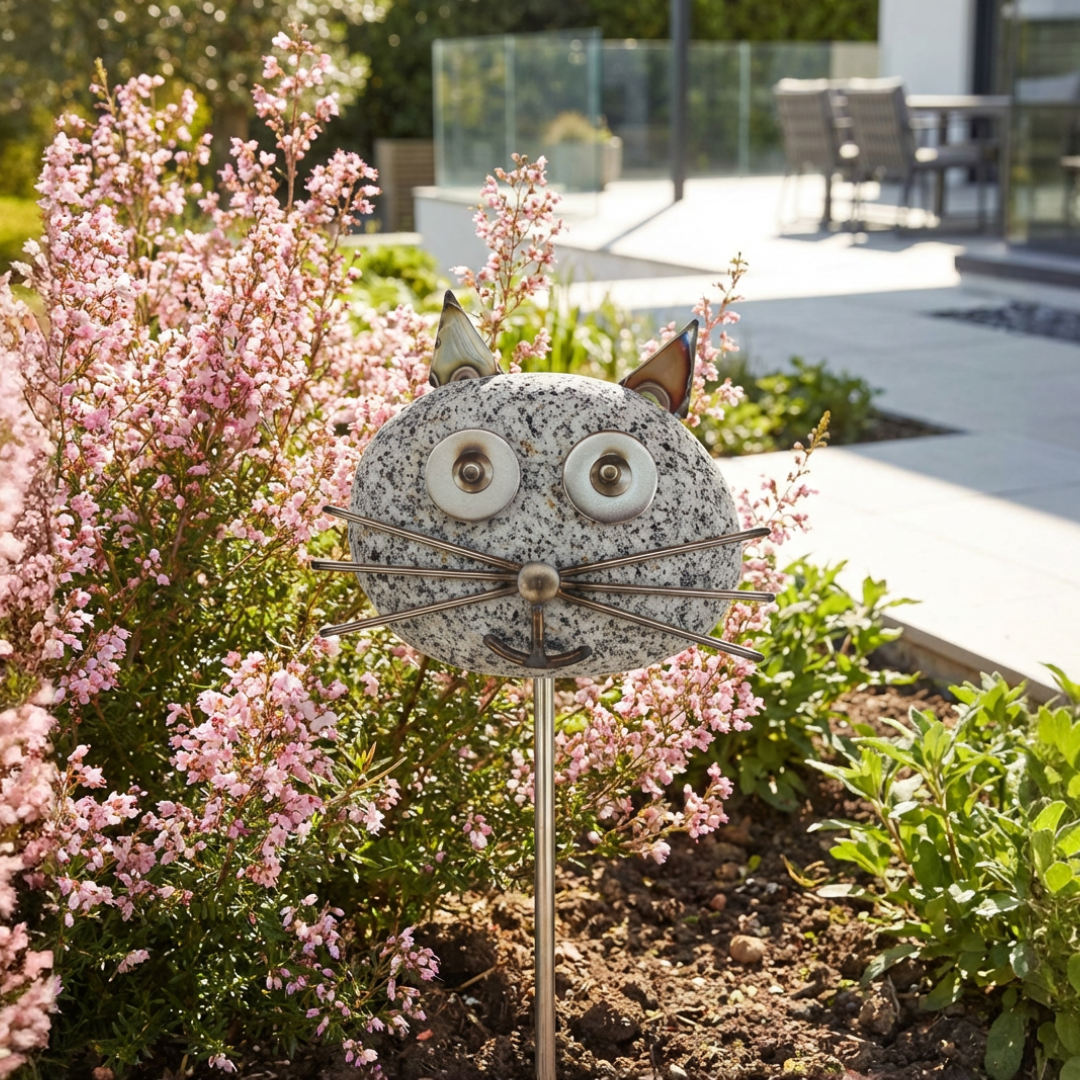 Gartenstecker Katze aus Granit und Edelstahl 120 cm wetterfest