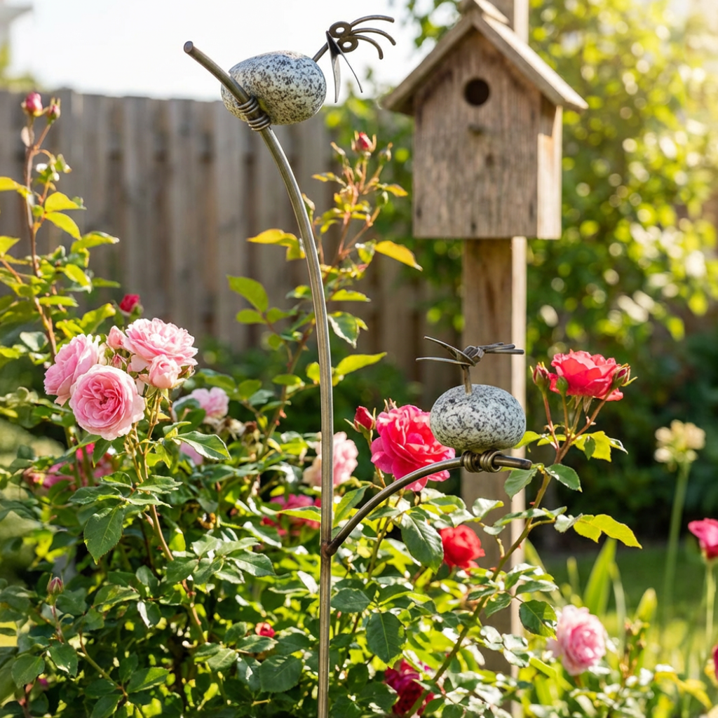 Gartenstecker Steinvogel Mama und Kind aus Granit und Edelstahl 90 cm wetterfest