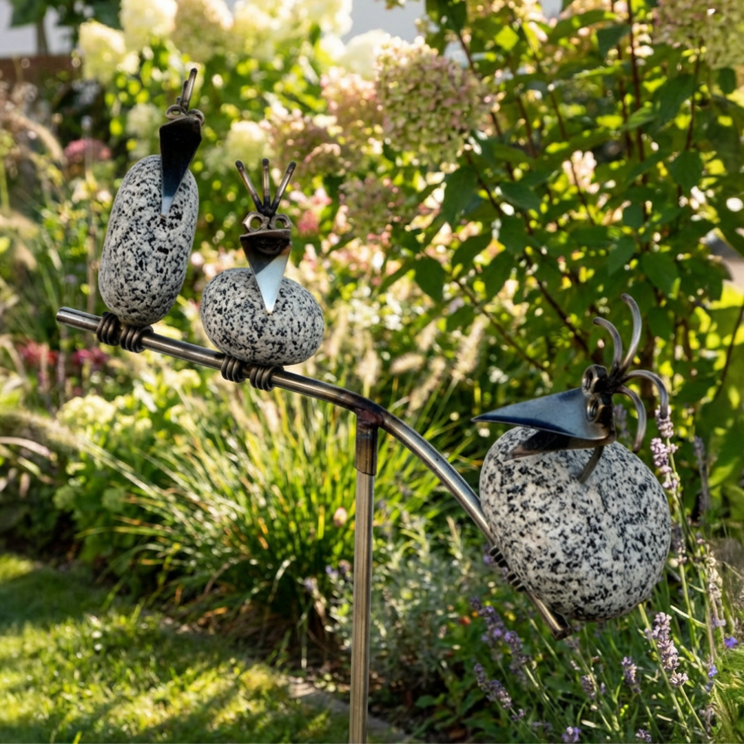 Gartenstecker Steinvogel Wippe mit 3 Steinvögel aus Granit und Edelstahl 110 cm