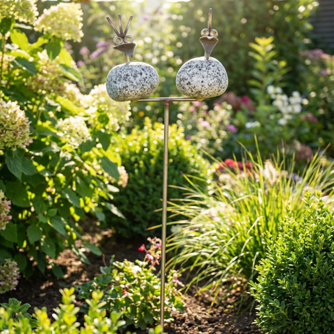Gartenstecker Steinvogel Pärchen aus Granit und Edelstahl 85 cm wetterfeste