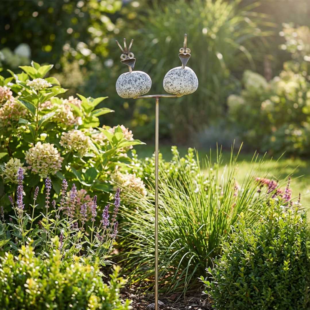 Gartenstecker Steinvogel Pärchen aus Granit und Edelstahl 85 cm wetterfeste