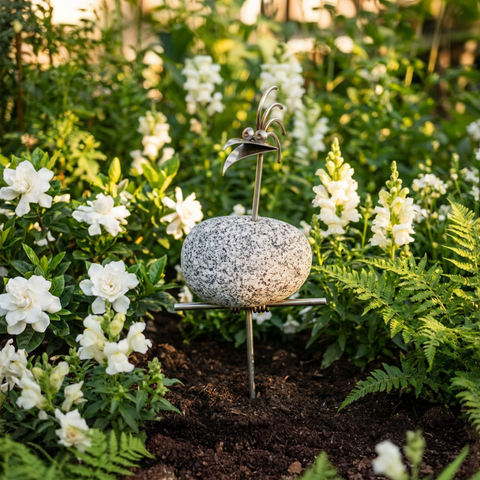 Gartenstecker Steinvögel aus Granit und Edelstahl Höhe 110 cm zur Wahl 1-6 Vögel