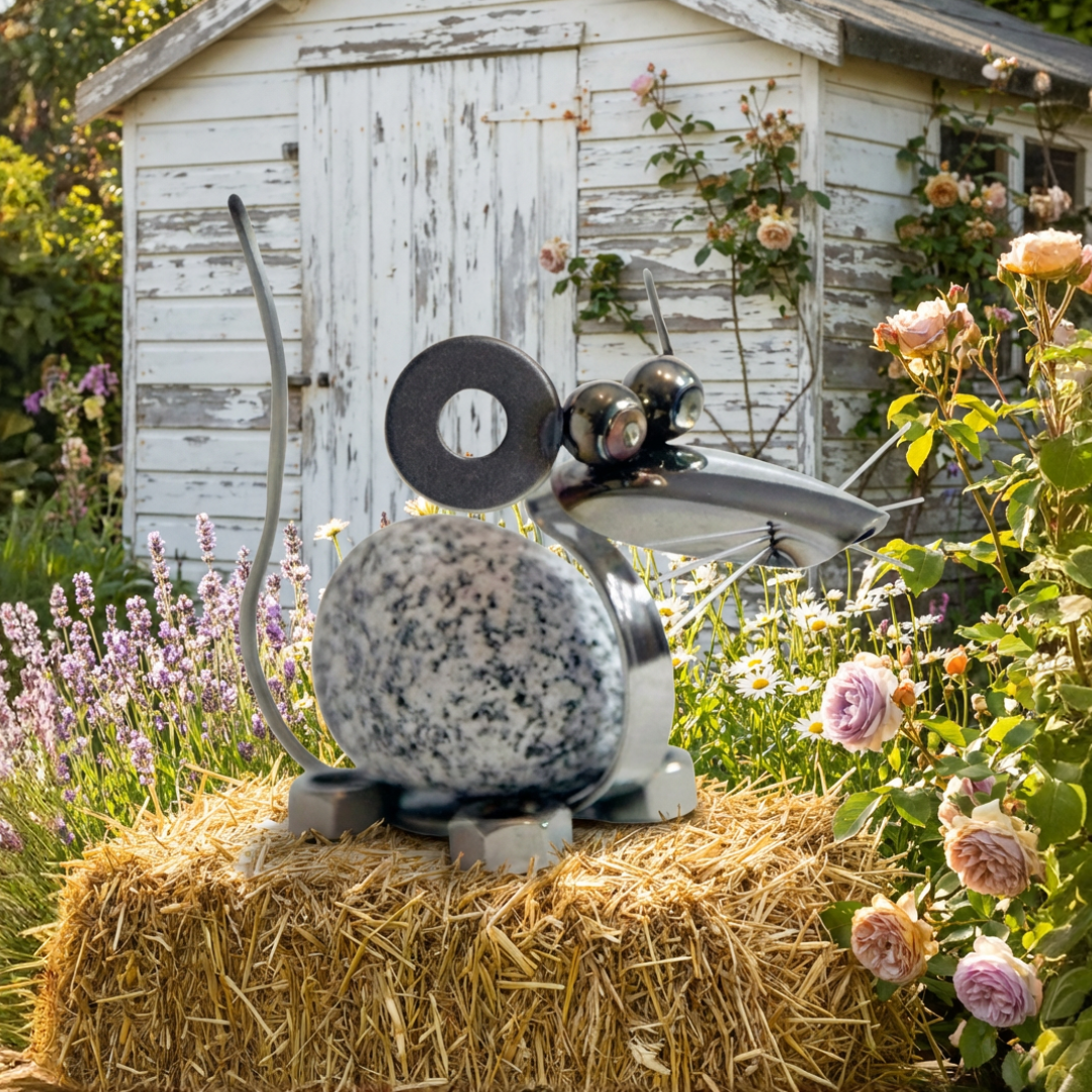 Deko Maus Granit und Edelstahl Steinmaus, wetterfest, Geschenkidee