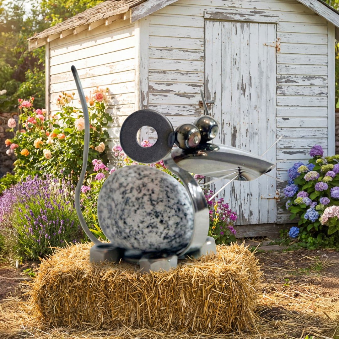 Deko Maus Granit und Edelstahl Steinmaus, wetterfest, Geschenkidee