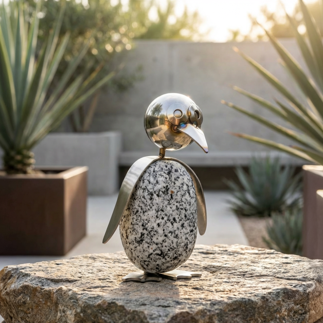 Pinguin Gartendeko aus Granit & Edelstahl ca. 15 cm handgefertigt mit Wackelkopf