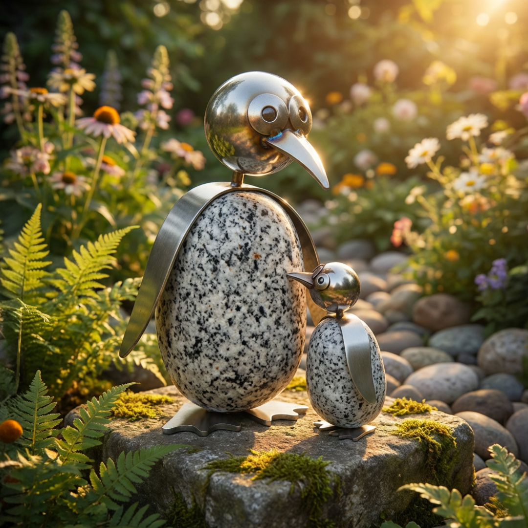 Pinguin Gartendeko aus Granit & Edelstahl ca. 15 cm handgefertigt mit Wackelkopf
