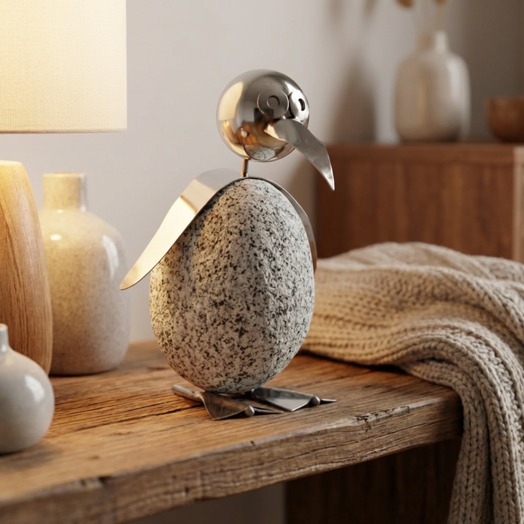 Pinguin Gartendeko aus Granit & Edelstahl 20 cm handgefertigt mit Wackelkopf
