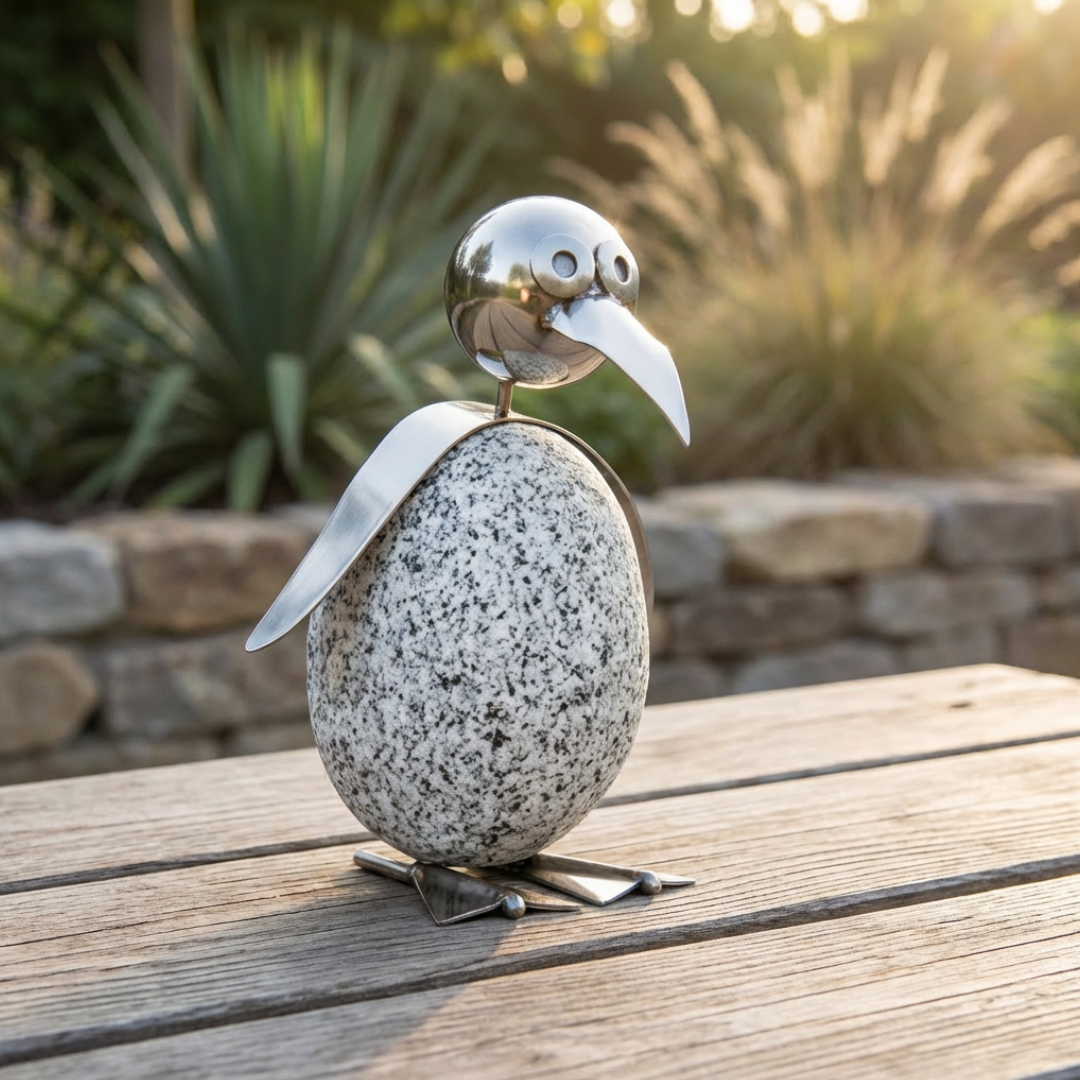 Pinguin Gartendeko aus Granit & Edelstahl 20 cm handgefertigt mit Wackelkopf