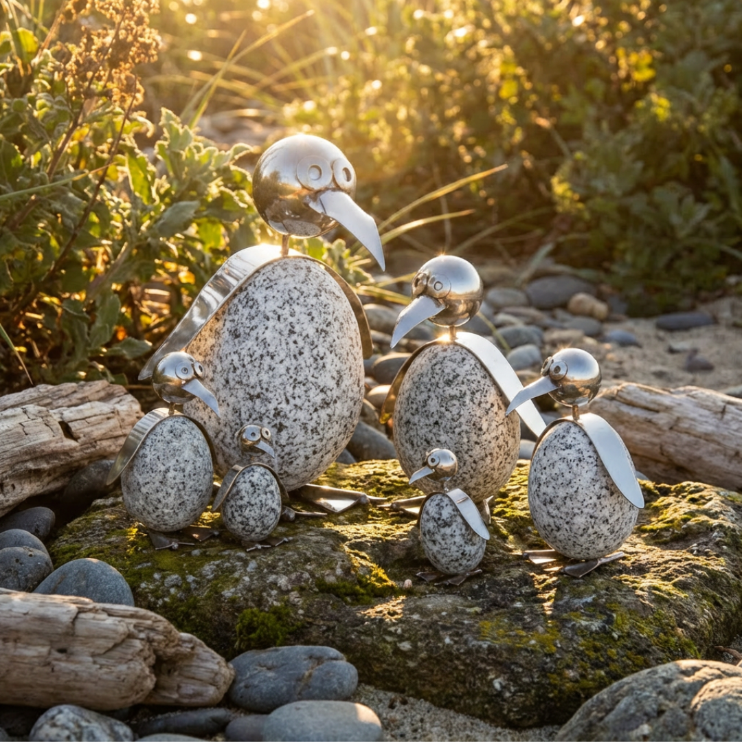 Pinguin Gartendeko aus Granit & Edelstahl 20 cm handgefertigt mit Wackelkopf