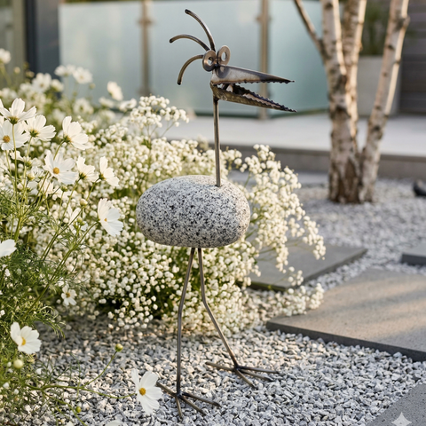 Steinvogel aus Granit und Edelstahl ca. 45 cm  Natursteindeko Gartenfigur