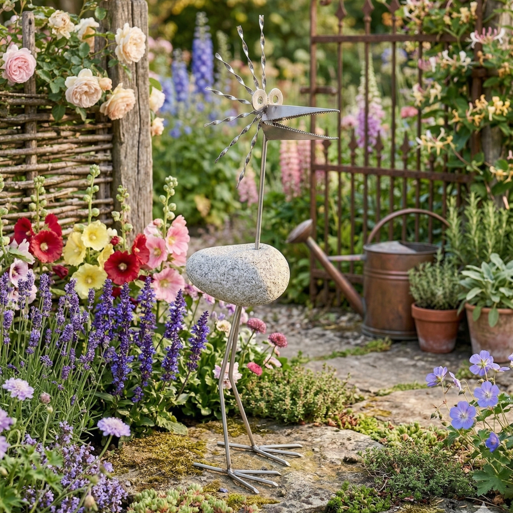 Steinvogel aus Granit und Edelstahl ca. 100 cm  XL Gartendeko