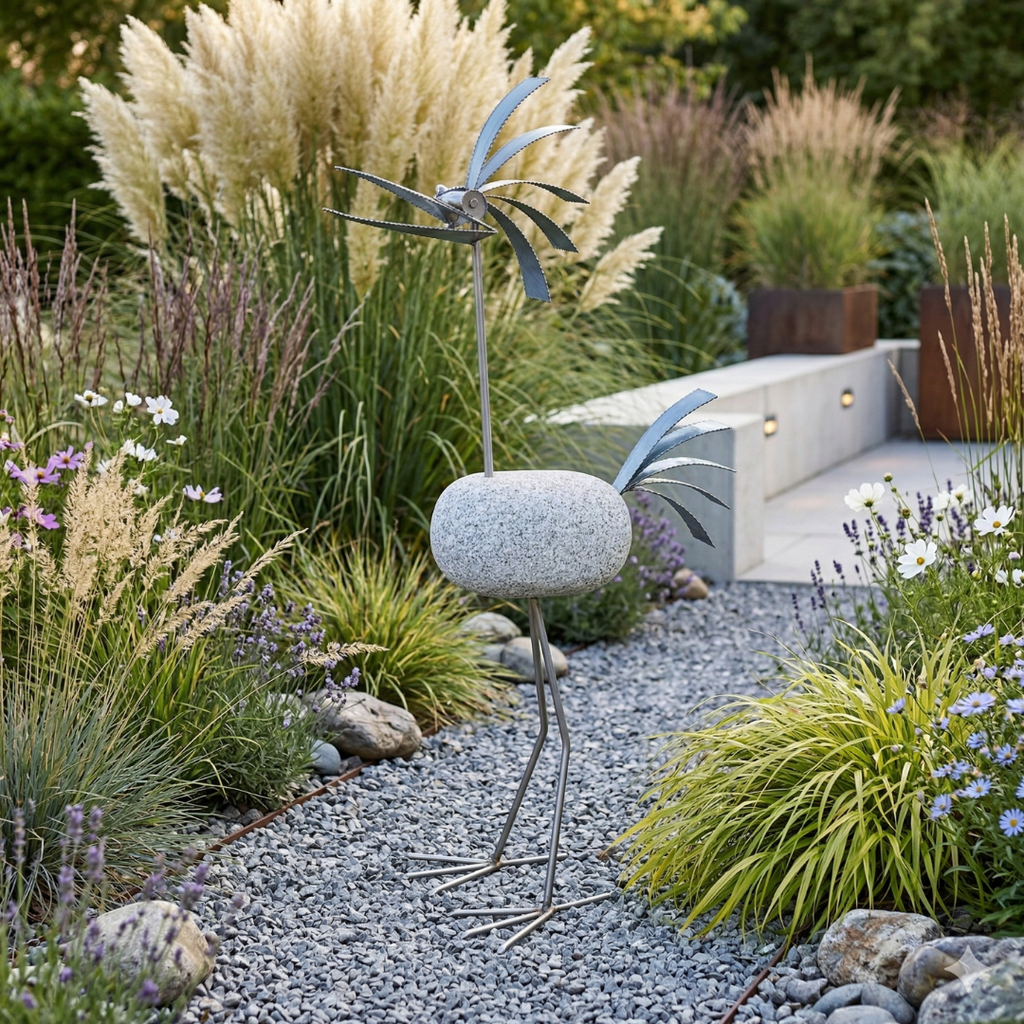 Steinvogel aus Granit und Edelstahl 100 cm groß  Naturstein Gartendeko