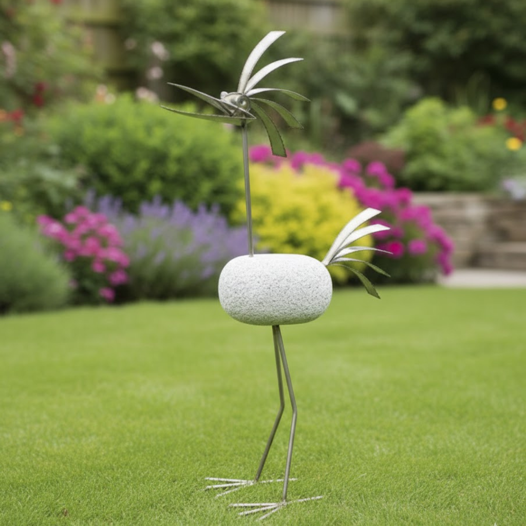 Steinvogel aus Granit und Edelstahl 100 cm groß  Naturstein Gartendeko