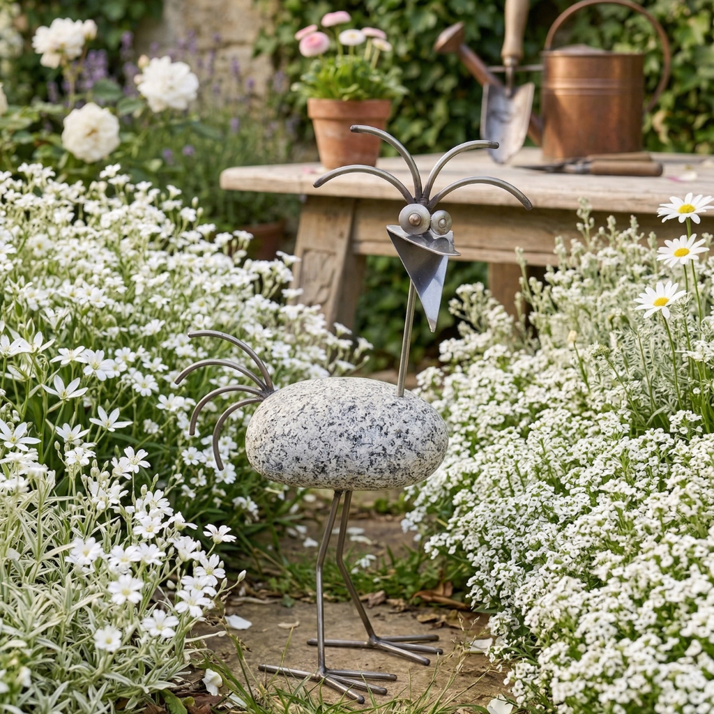 Steinvogel aus Granit und Edelstahl ca. 30 cm handgefertigte Natursteindeko