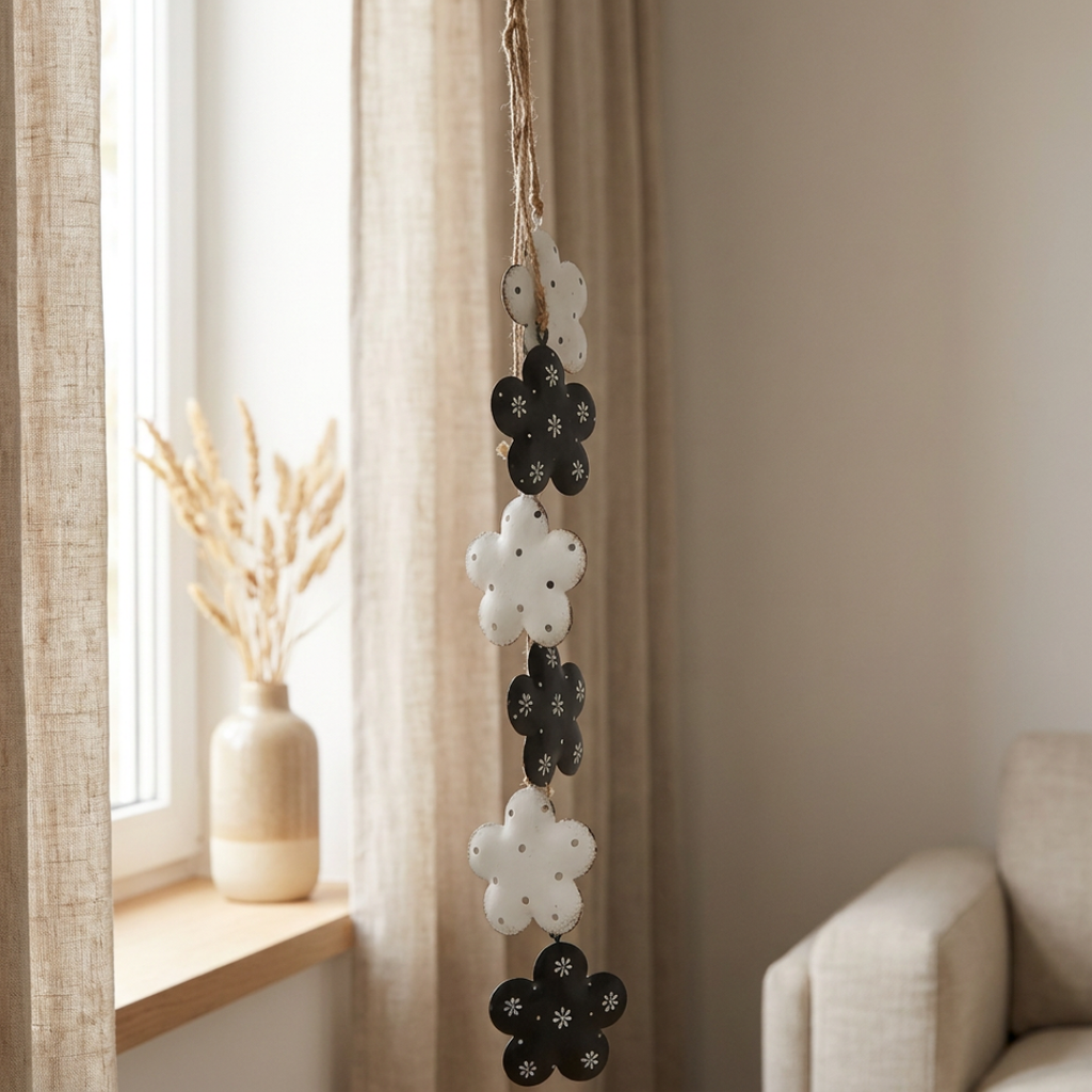 Blumenkette aus Metall in Weiß & Schwarz – moderne Fenster- & Wanddekoration