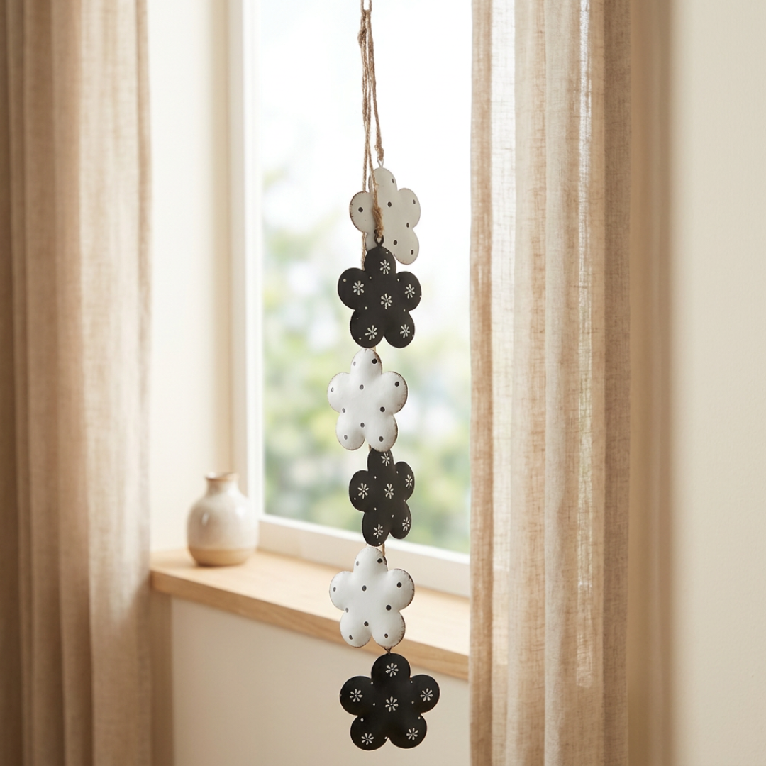 Blumenkette aus Metall in Weiß & Schwarz – moderne Fenster- & Wanddekoration