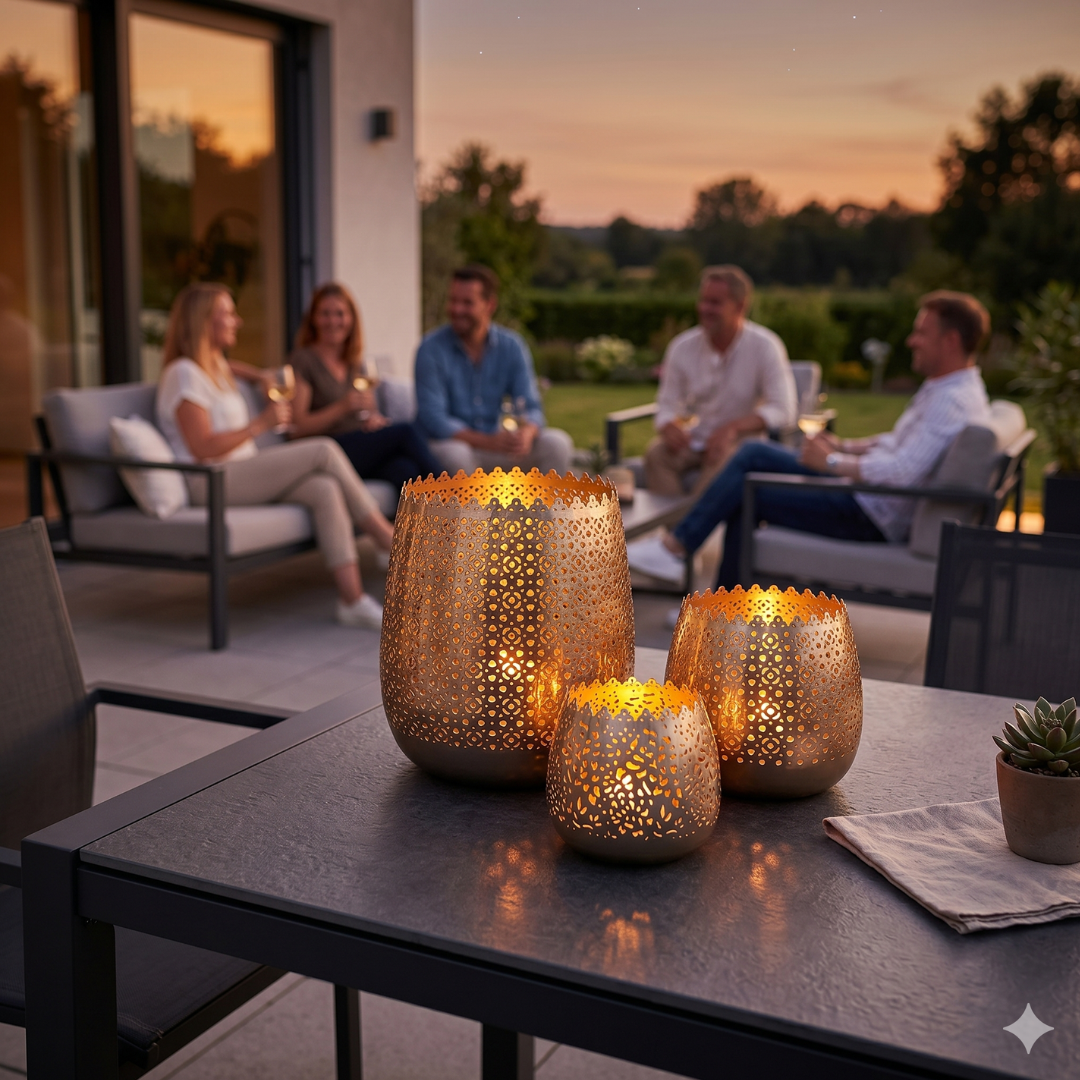 Windlicht Set Aurum 3er silber aus Metall –  für Garten & Zuhause