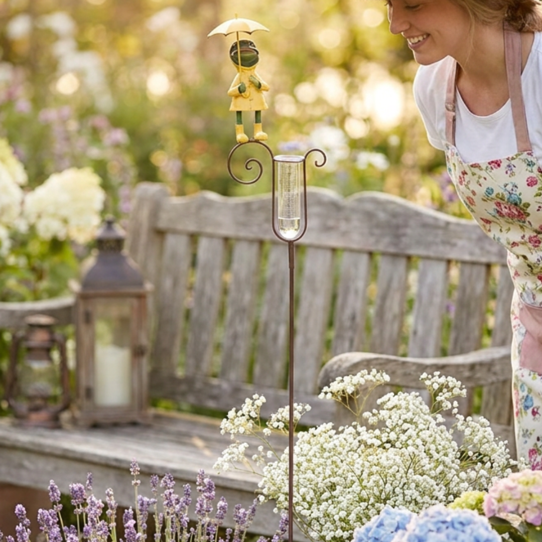 Regenmesser Frosch aus Metall Gartenstecker mit Glas Messzylinder