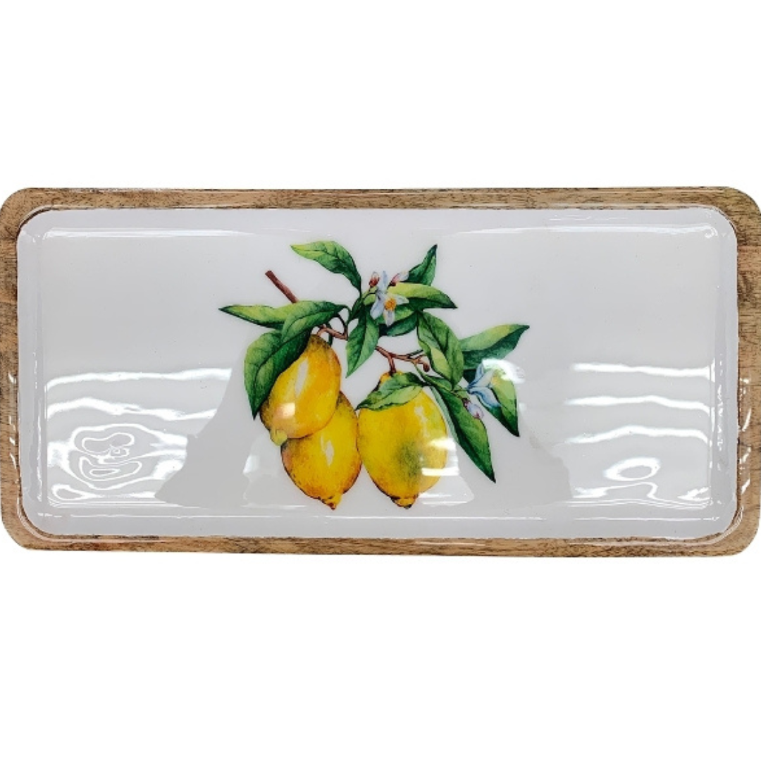 Servierplatte „Zitrone“ aus Holz mit glasierter Auflage, Sommertrend Tablett, ca. 31 × 15 x 2 cm