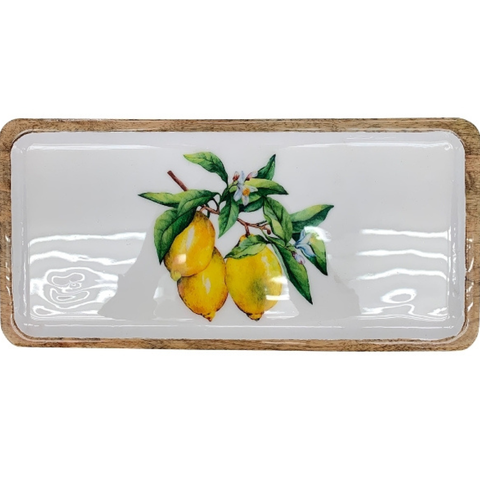 Servierplatte „Zitrone“ aus Holz mit glasierter Auflage, Sommertrend Tablett, ca. 31 × 15 x 2 cm